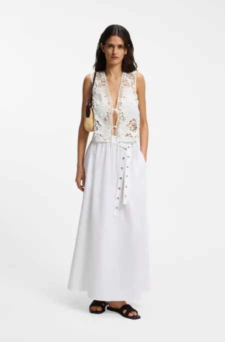 Maxi skirt in cotton poplin with eyelet belt