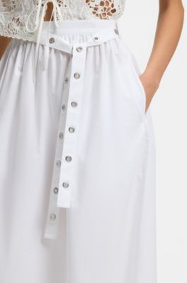 Maxi skirt in cotton poplin with eyelet belt, White