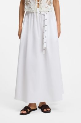 Maxi skirt in cotton poplin with eyelet belt, White