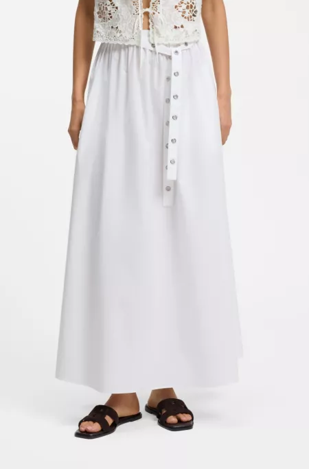 Maxi skirt in cotton poplin with eyelet belt