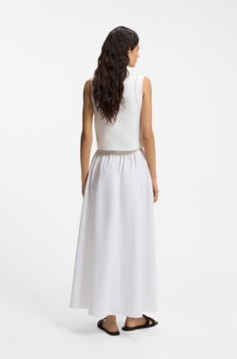 Maxi skirt in cotton poplin with eyelet belt, White