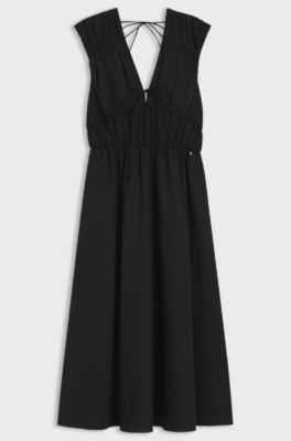 Cotton-poplin dress with gathered details, Black
