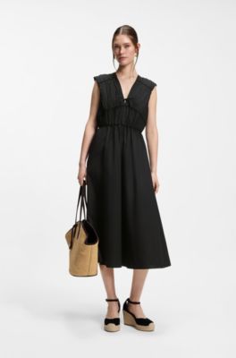 Cotton-poplin dress with gathered details, Black