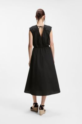 Cotton-poplin dress with gathered details, Black