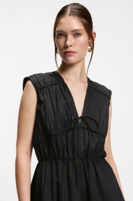 Cotton-poplin dress with gathered details, Black