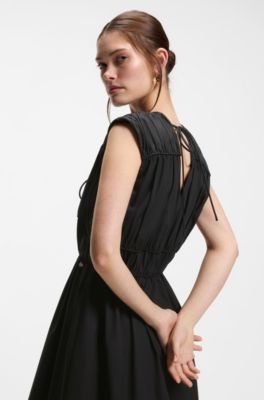 Cotton-poplin dress with gathered details, Black