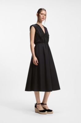 Cotton-poplin dress with gathered details, Black