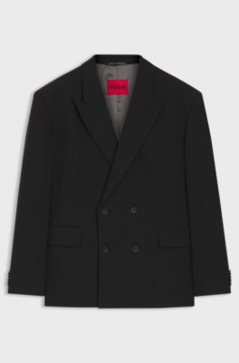 Double-breasted suit jacket in wool-blend twill, Black