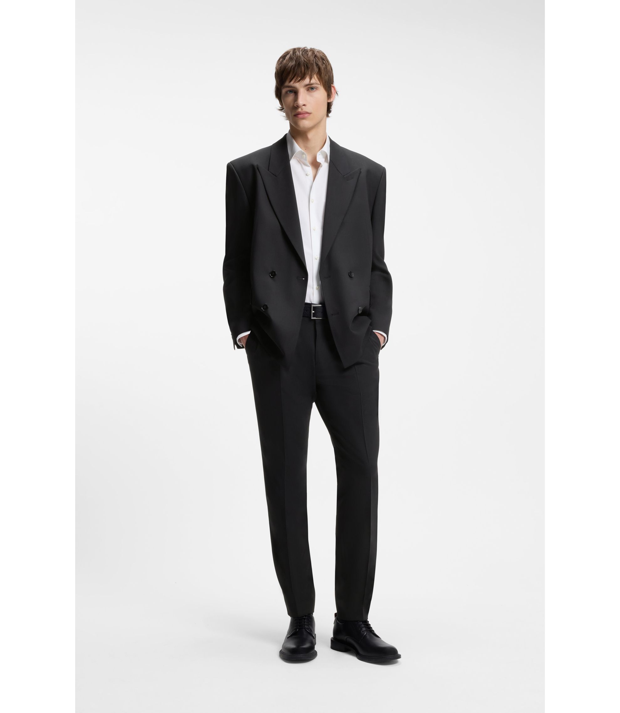 HUGO - Double-breasted suit jacket in wool-blend twill - Black