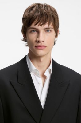 Double-breasted suit jacket in wool-blend twill, Black