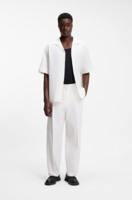 Modern-fit trousers in stretch-cotton seersucker, Natural