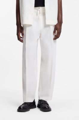 Modern-fit trousers in stretch-cotton seersucker, Natural