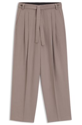 Fashion-fit trousers with front pleats and belt detail, Light Brown