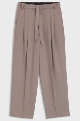 Fashion-fit trousers with front pleats and belt detail, Light Brown