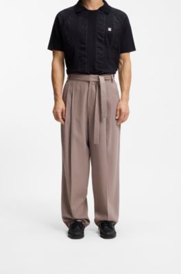 Fashion-fit trousers with front pleats and belt detail, Light Brown