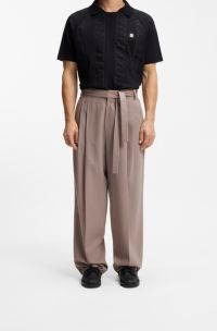 Fashion-fit trousers with front pleats and belt detail, Light Brown