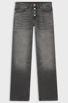 Jeans straight fit in denim grigio con chiusura a bottoni, Grigio chiaro