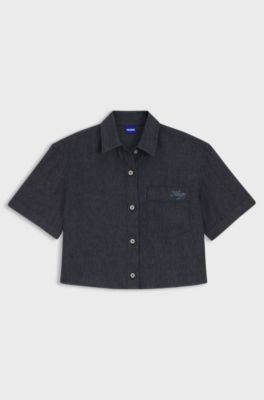 Croppad blus i relaxed fit av l&auml;tt denim, M&ouml;rkbl&aring;