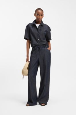 Relaxed-fit cropped blouse in lightweight denim, Dark Blue