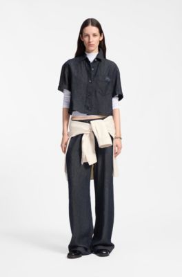 Camicetta cropped relaxed fit in denim leggero, Blu scuro