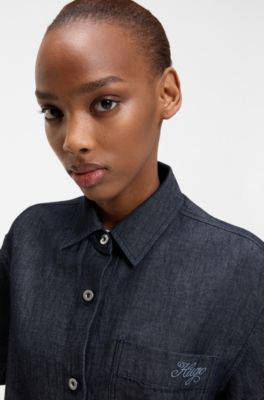 Relaxed-fit cropped blouse in lightweight denim, Dark Blue