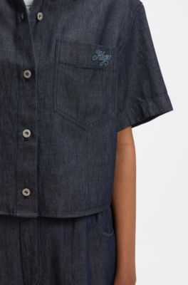 Relaxed-fit cropped blouse in lightweight denim, Dark Blue