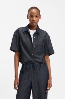 Relaxed-fit cropped blouse in lightweight denim, Dark Blue
