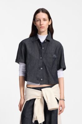 Relaxed-fit cropped blouse in lightweight denim, Dark Blue
