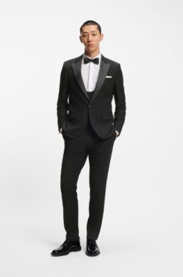 Three-piece slim-fit suit in stretch micro jacquard, Black