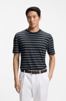 T-shirt regular fit in cotone e lino, Blu scuro