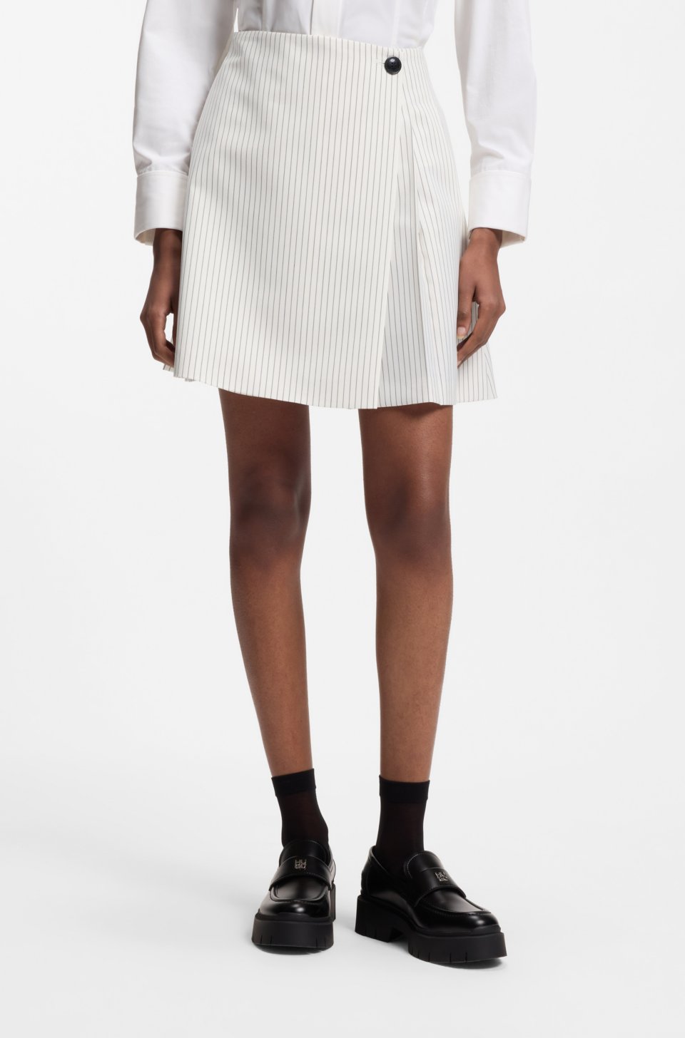 Faux-wrap mini skirt with pinstripe