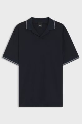 Polo en coton et lin &agrave; col Johnny, Bleu fonc&eacute;