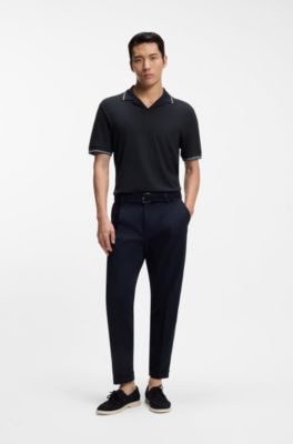 Cotton-linen polo shirt with Johnny collar, Dark Blue