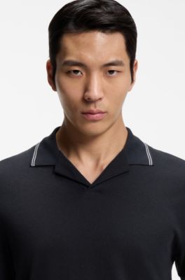 Cotton-linen polo shirt with Johnny collar, Dark Blue