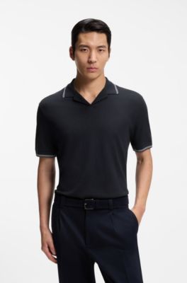 Polo en coton et lin &agrave; col Johnny, Bleu fonc&eacute;