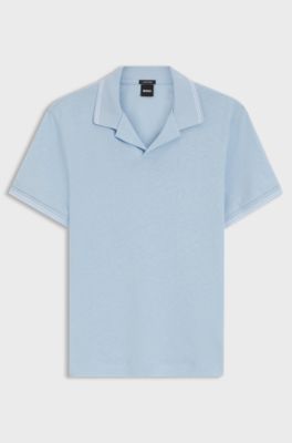 Polo de algod&oacute;n y lino con cuello abierto, Celeste