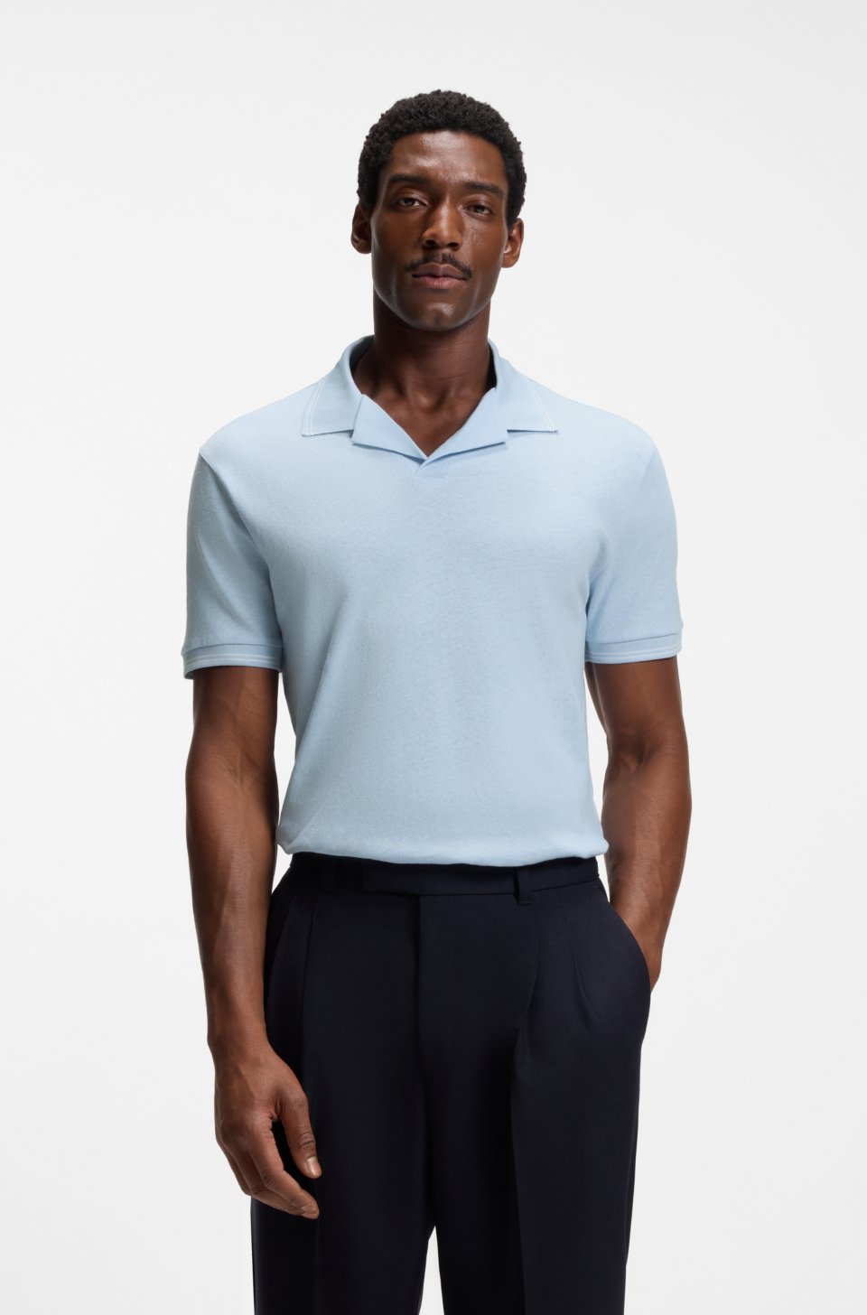 Cotton-linen polo shirt with Johnny collar