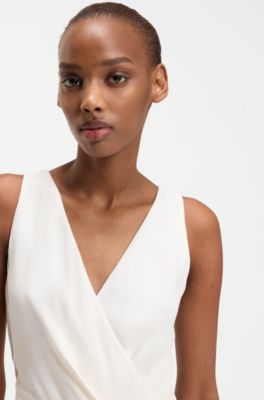 Wrap dress in crepe fabric with D-ring detail, Natural