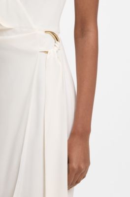 Wrap dress in crepe fabric with D-ring detail, Natural