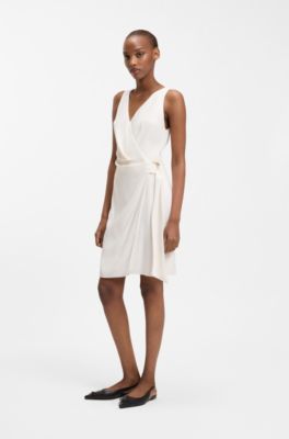 Wrap dress in crepe fabric with D-ring detail, Natural
