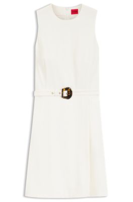 Sleeveless dress with buckled belt, White