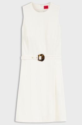 Sleeveless dress with buckled belt, Natural