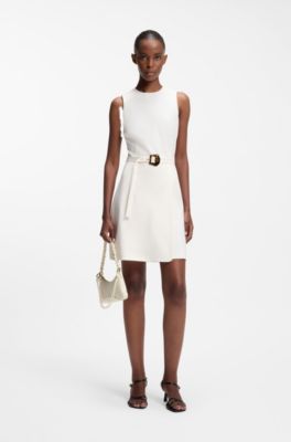 Sleeveless dress with buckled belt, White