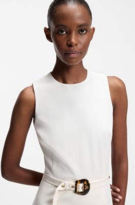 Sleeveless dress with buckled belt, White