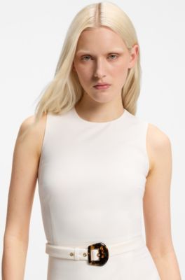 Sleeveless dress with buckled belt, Natural