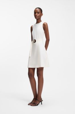 Sleeveless dress with buckled belt, White
