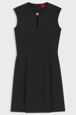 Cap-sleeve dress with hardware-trimmed keyhole neckline, Black