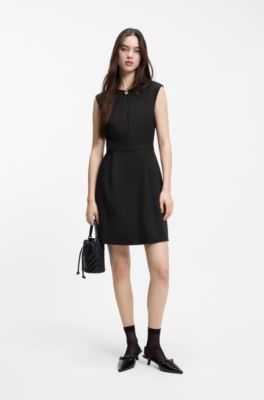 Cap-sleeve dress with hardware-trimmed keyhole neckline, Black
