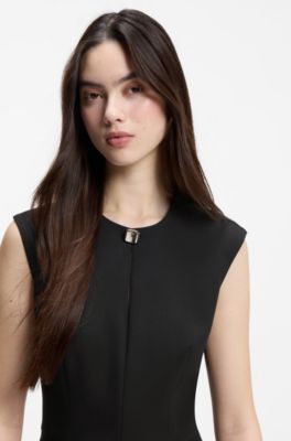 Cap-sleeve dress with hardware-trimmed keyhole neckline, Black