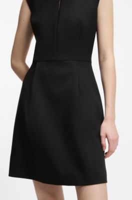 Cap-sleeve dress with hardware-trimmed keyhole neckline, Black